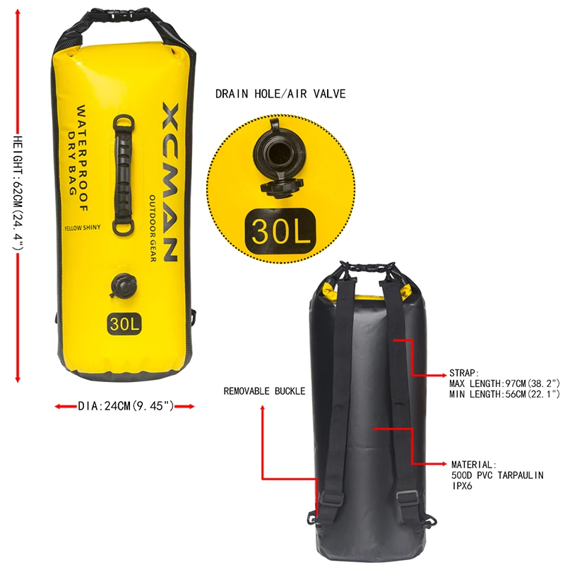XCMAN водонепроницаемый мешок сухой мешок бонусом для лодок, кемпинга, каякинга-сухой мешок Водонепроницаемый 30л-с воздушным клапаном и двойными ремнями