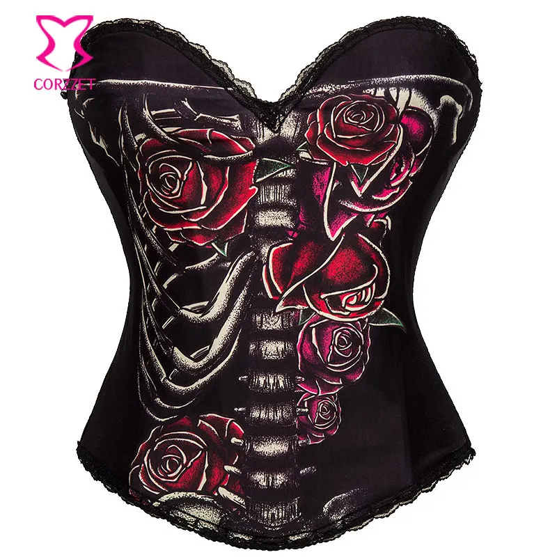 Skeleton & Red Rose Floral Prints Gothic Corselet Overbust Sexy Corsets And Bustiers Burlesque
