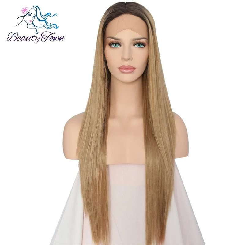 

BeautyTown Hand Tied Dark Roots To Blond Ombre High Temperature Fiber Valentine's Day present Synthetic Lace Front Wig For Women