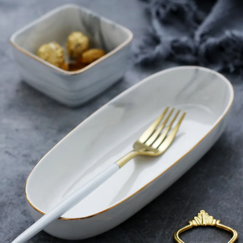 Creative Gold Marble Ceramic Plate Dish Dessert Food Plate Jewelry Ring Necklace Dish Bathroom Vanity Storage Tray Trinket