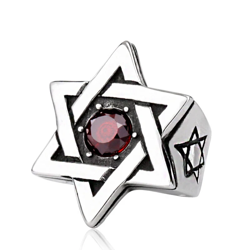 

Titanium Steel Hexagram Ring For Men Red Black Cubic Zirconia Paved Never Fade Vintage Jewish Star of David Punk Ring Jewelry