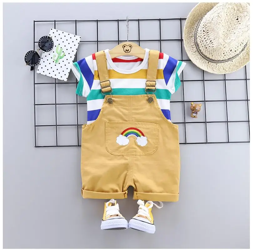 Летняя одежда для малышей, комплекты одежды для маленьких мальчиков и девочек, полосатая рубашка, радужные шорты, Детский Повседневный костюм - Цвет: Золотой