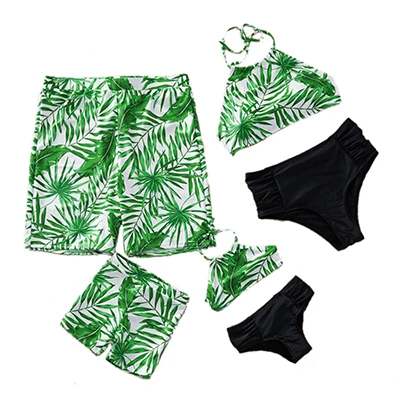 Семейные купальные костюмы; купальник-бикини для мамы и дочки; шорты для мамы, папы и сына; купальные костюмы для маленьких девочек; пляжные купальники - Цвет: Зеленый