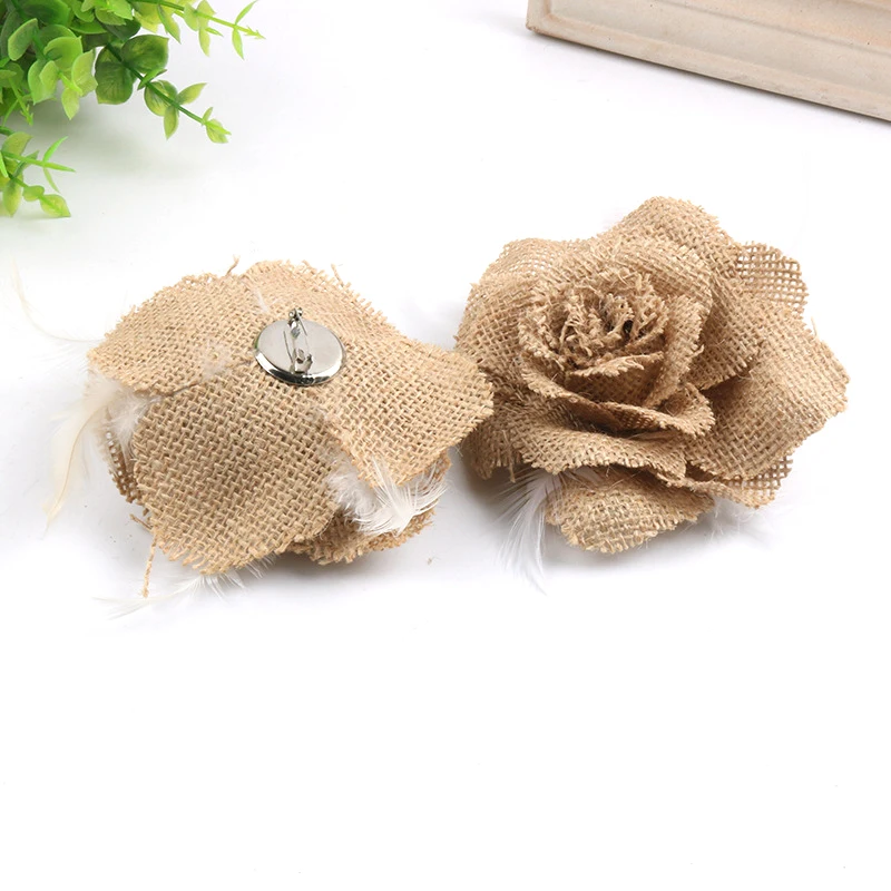 

100pcs Burlap Rose Artificial Flowers with Feather Bouquet Jute Flowers for Home Wedding Party Car Decor Wreath Fake Flowers