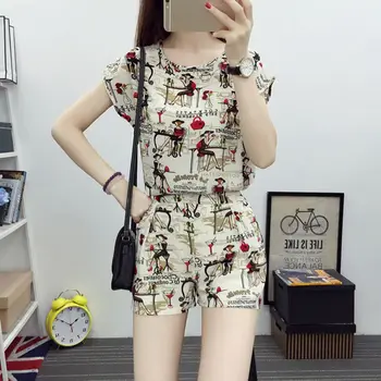 

2019 Summer Women Suit Casual Fashion Print Short-sleeved Shirt and Short 2pcs Set
