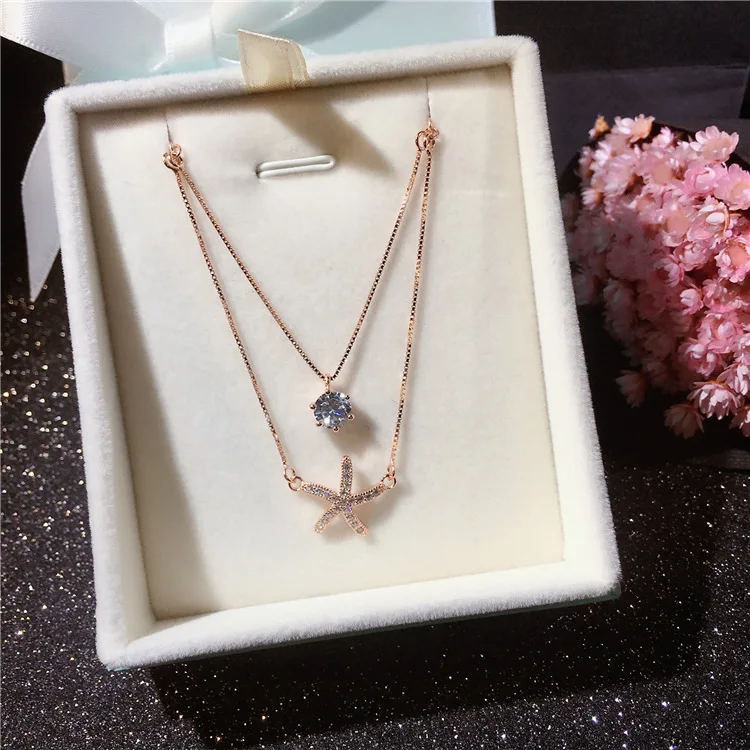 

Pure 925 Sterling Silver Chain Necklace Cute Women Gift Fashion New Arrival Double Layers AAA Zircon Sparkling Starfish Pendant