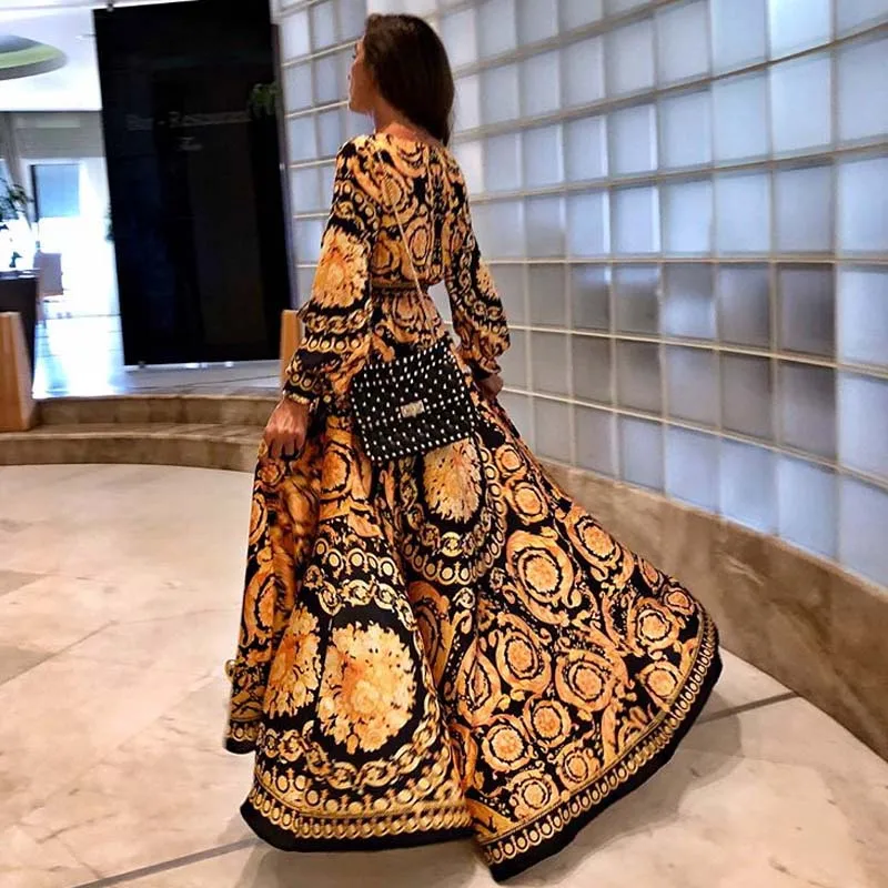 

Sexy Slit Bohemian Printed Maxi Dresses for Women Long Sleeve Summer Beach Dresses Evening Party Night Gold Vestidos Big Size