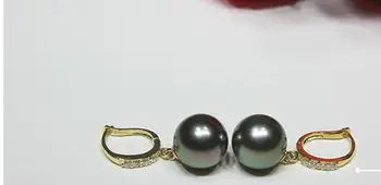 

paif of 10-11mm Tahitian round black green pearl earring 18k