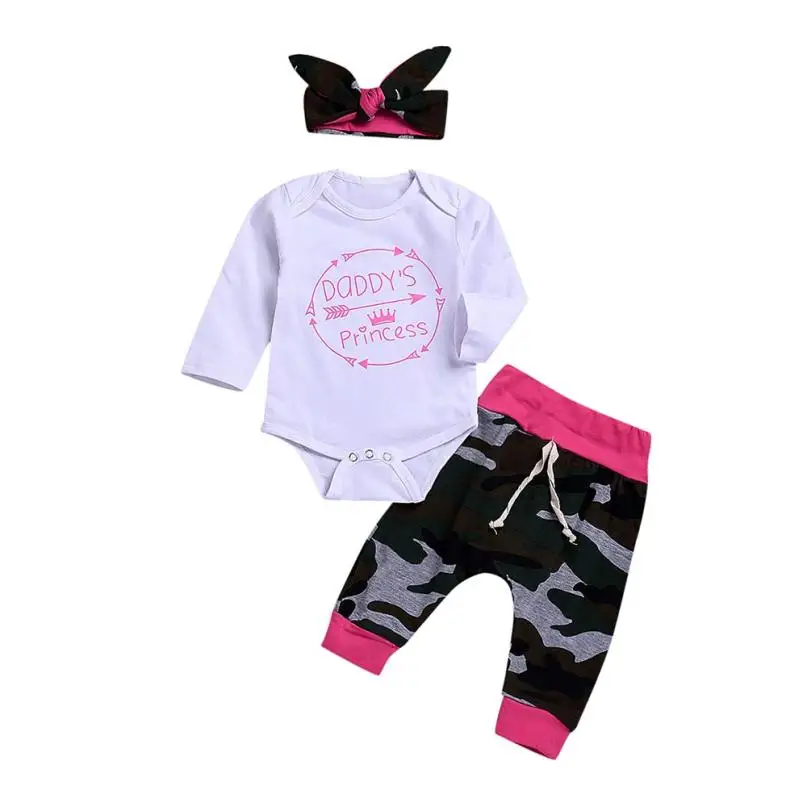 Newborn Infant Baby Girl Letter Camouflage Romper Jumpsuit Headband Clothes Set