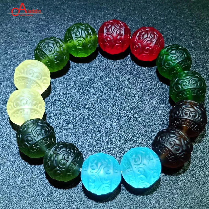 Aladdin Rare Libyan Golden Meteorite 7 Colors Round Bead Bracelet Sea Blue/Green Vitreous Body Carved Bead lovers' Fine jewelry Aladdin Rare Libyan Golden Meteorite 7 Colors Round Bead Bracelet Sea Blue/Green Vitreous Body Carved Bead lovers' Fine jewelry