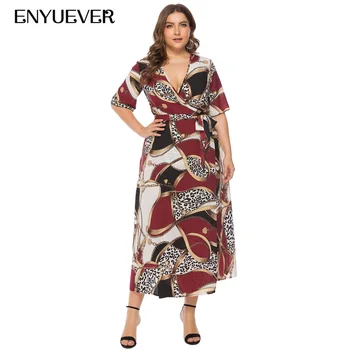 

Enyuever Plus Size Boho Dress Beach Chic Vestidos Casual Chain Print Sleeve Elegant Women Evening Party Maxi Long Wrap Dress 5XL