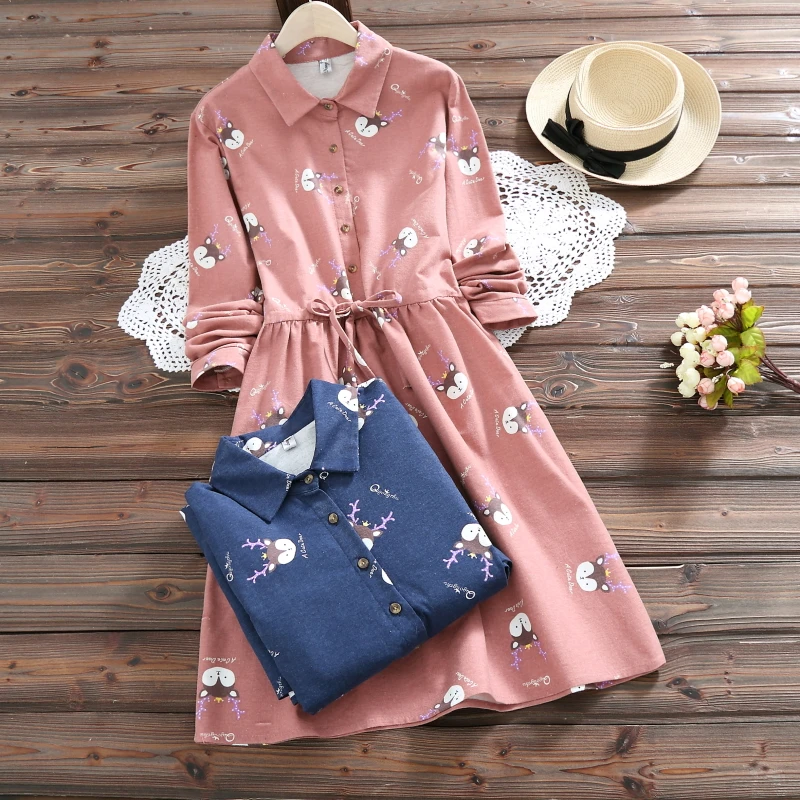 

Japanese Cute Fashion Cotton Linen Dress 2018 Women Mori Girl Vintage Slim Plus Size Dress Kawaii Deer Print Bandage Dresses