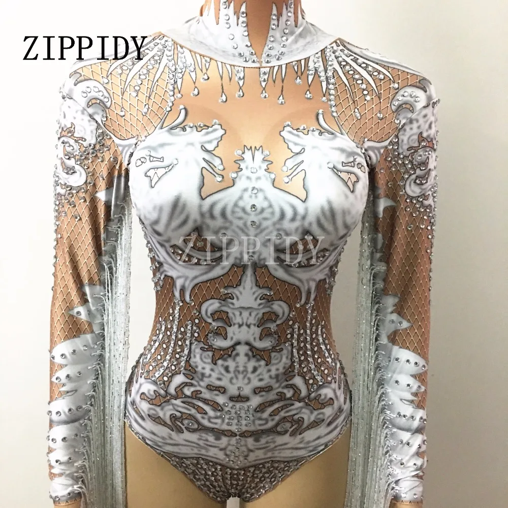 Белый кисточкой трико с кристаллами женские стрейч Боди Наряд Bling с длинными рукавами кисточкой ночной клуб блестящий костюм Одежда для танцев