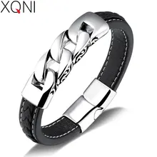 XQNI минималистский Нержавеющая сталь Черный Цвет Натуральная кожа браслет для мужчин геометрический узор в стиле панк подарок на день рождения