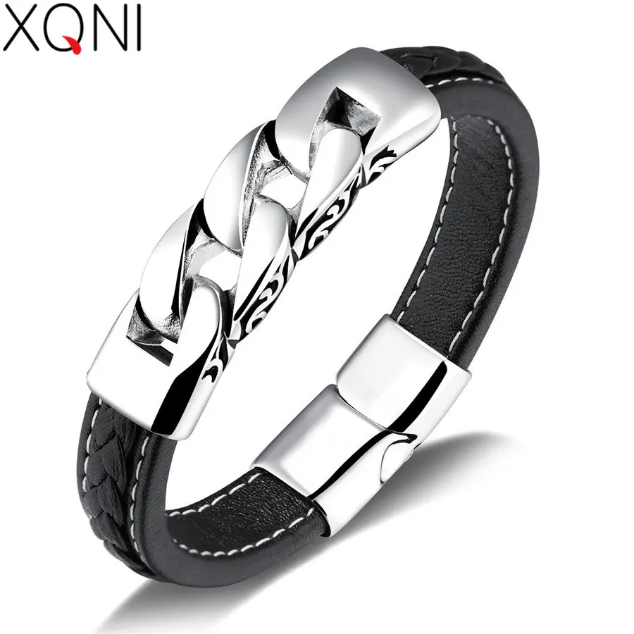 

XQNI Minimalist Stainless Steel Black Color Genuine Leather Bracelet For Men Geometry Pattern Punk Style Birthday Gift