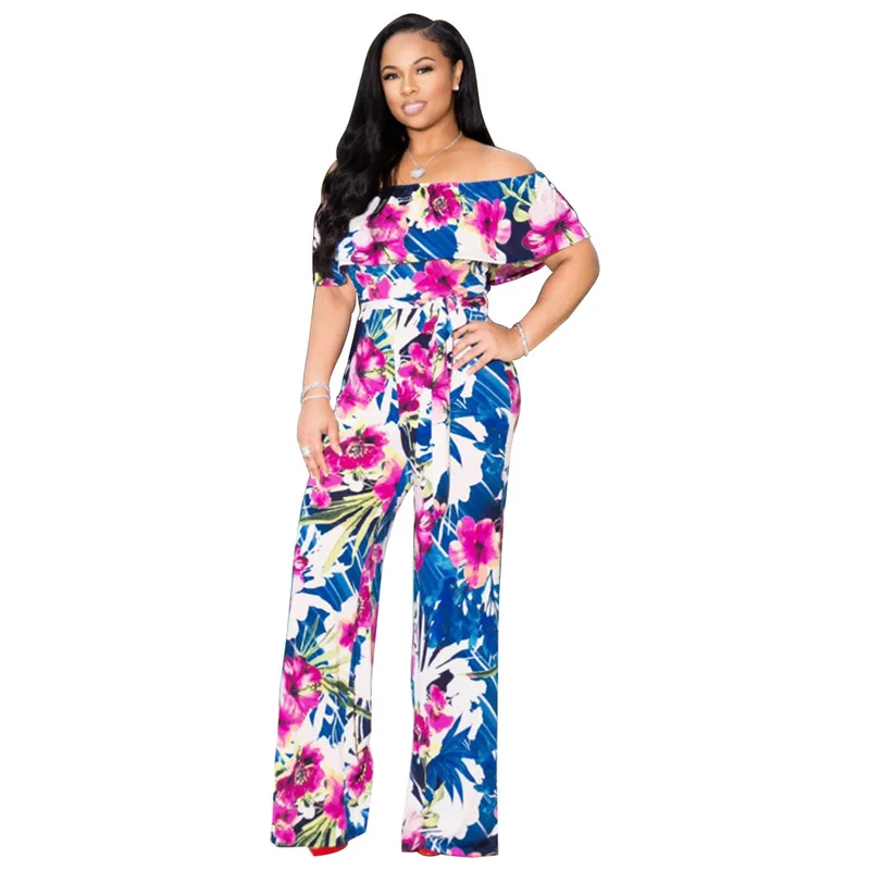 الأزهار طباعة جمبسوت/ بدلة الجسم المثيرة للنساء 2019 مائل الرقبة قصيرة الأكمام واسعة الساق ارتداءها الصيف قبالة الكتف عارية الذراعين شاطئ الس...