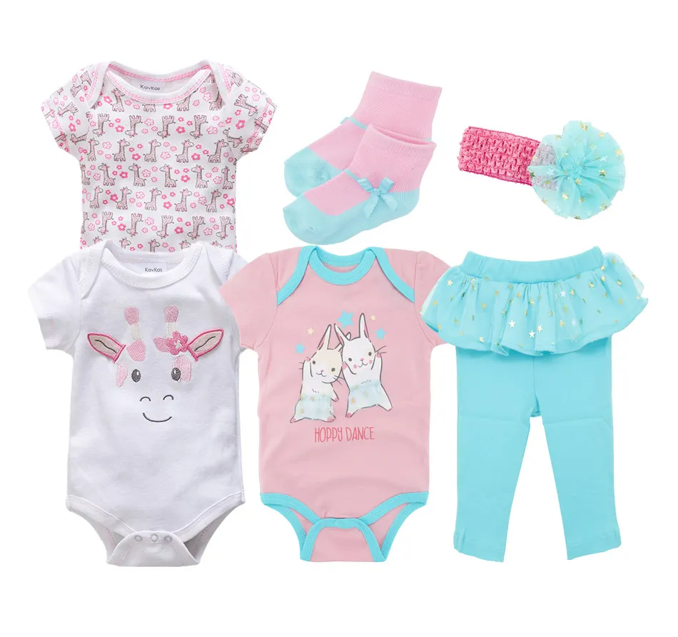 

2019 Fashion 6PCS Summer Toddler Baby Girls Clothes Sets Cute Cartoon Infant Girl Rompers Set Jumpsuit+Long Pants+Socks+Headband