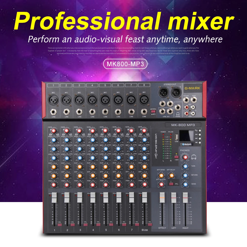 G-MARK MK800 Mixer Profesional Audio Muzik Studio Konsol Pentas Mikrofon Pencampuran DJ Party Church 48V Phantom Power