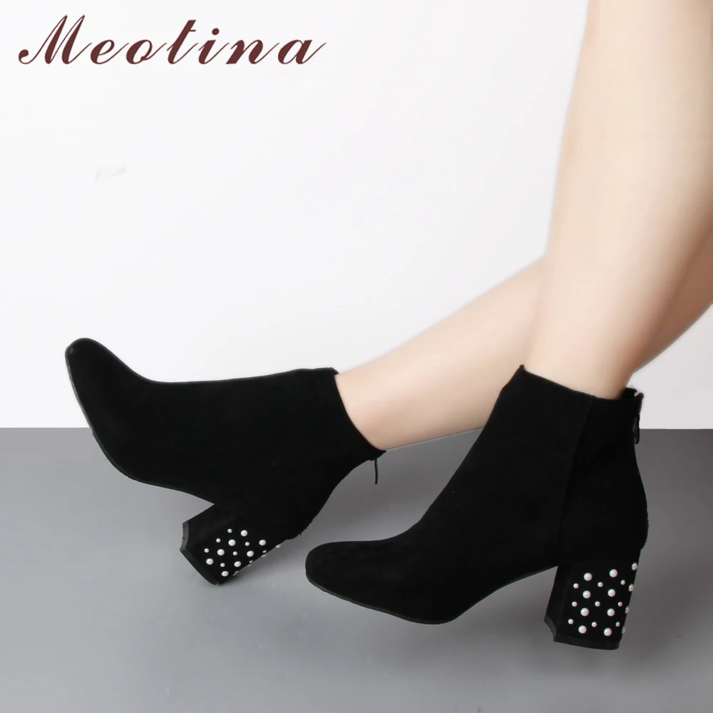 

Meotina Ankle Boots For Women Winter Boots Beaded Thick High Heel Short Boots Autumn Female Shoes Zipper Black Large Size 33-46