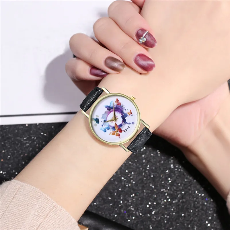 New Fashion Quartz Watch Women casual watches Butterfly Leather Band Analog Quartz Round Wrist Watch clock Montre femme 3M28#N (5)