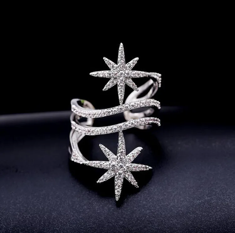 Высокое качество Новая мода Мозаика AAA циркон кристалл звезды спиральное кольцо открытый размер регулируемые серебряные кольца для женщин Роскошные ювелирные изделия