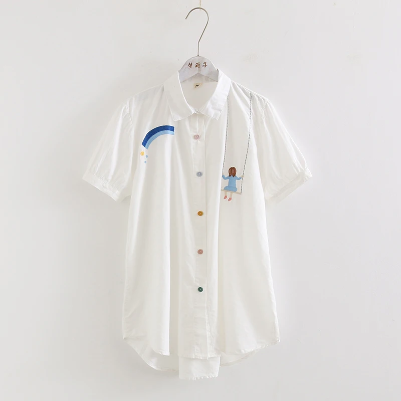 

2019 summer new mori girl embroidered cotton shirt female color button wild loose white shirt top