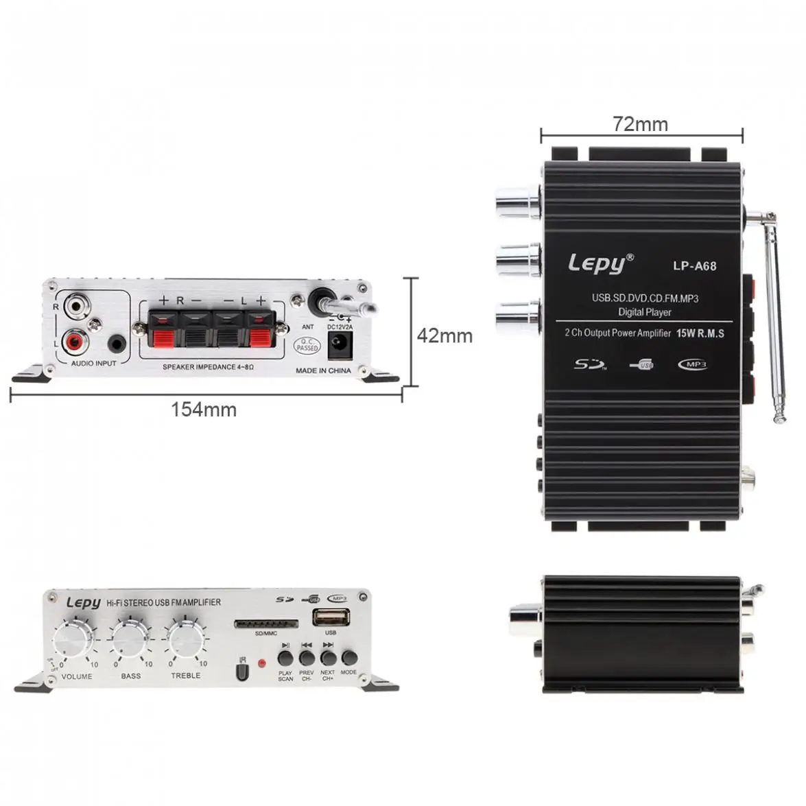 LEPY LP-A68 15W x 2 2CH HI-FI Digital Audio Player Power Car Amplifier FM Radio Stereo Player Support SD USB MP3 DVD Input