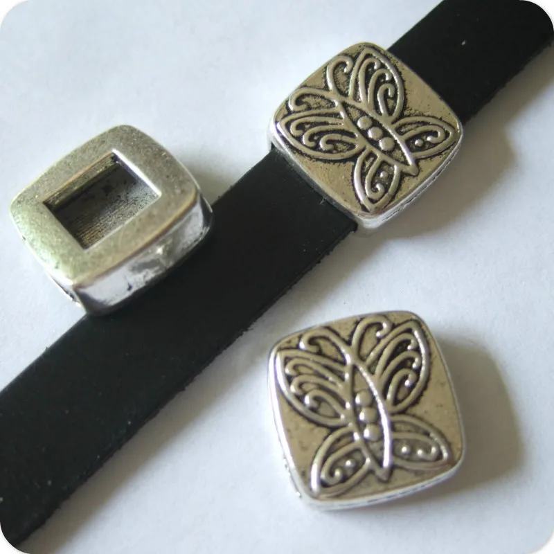 

10pcs Antique Silver Round Carved Butterfly Beads Slider Spacers For 10*2mm Flat Leather Jewelry Findings