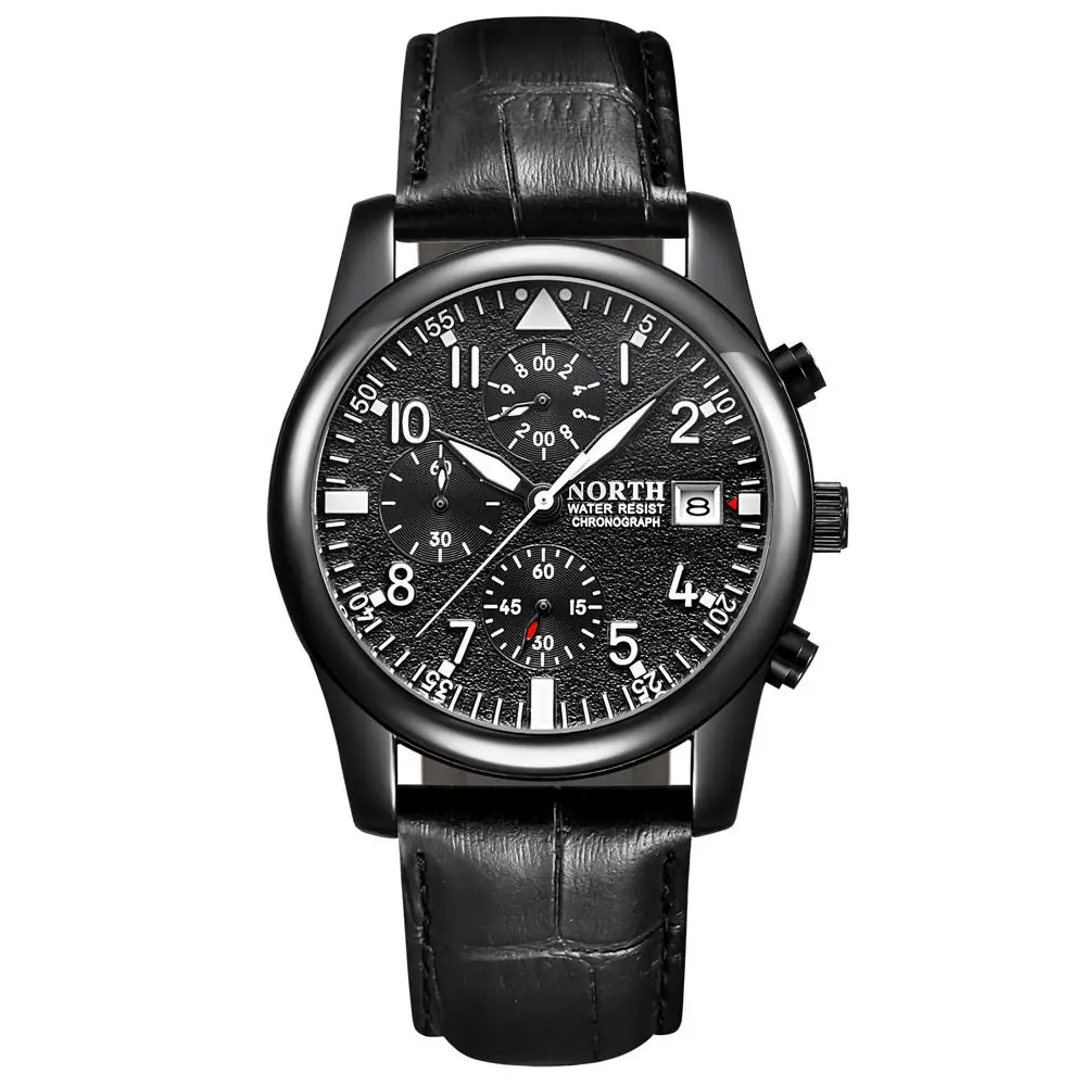 Роскошные Лидирующий бренд North мужские нарядные часы многофункциональный хронограф из натуральной кожи мужские часы водонепроницаемые повседневные деловые часы - Цвет: Black Leather
