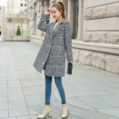Зимнее женское пальто в Корейском стиле, шерстяное пальто в клетку, модное женское пальто