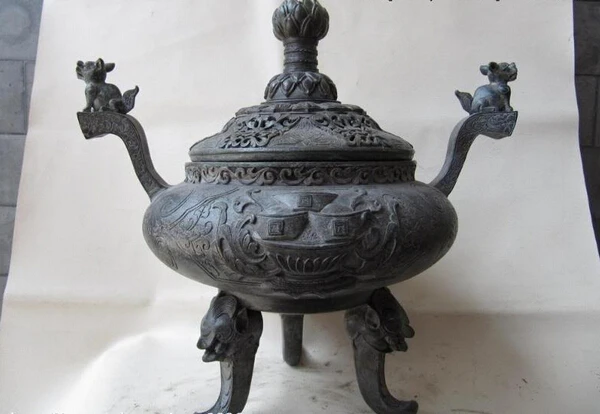 

Elegant old S1339 12" Tibet Buddhism Pure bronze Copper Yuan Bao money beast incense burner Censer statue