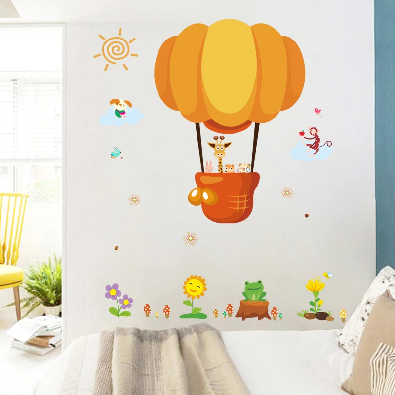 Cartoon Animals Hot Air Balloon Car Wall Stickers For Kids Rooms Home Decor Pvc Wall Decals Diy Mural Art Posters