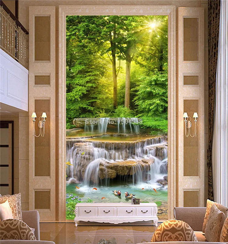 clássico, floresta, cachoeiras, paisagem, foto, mural, hotel, entrada, fundo