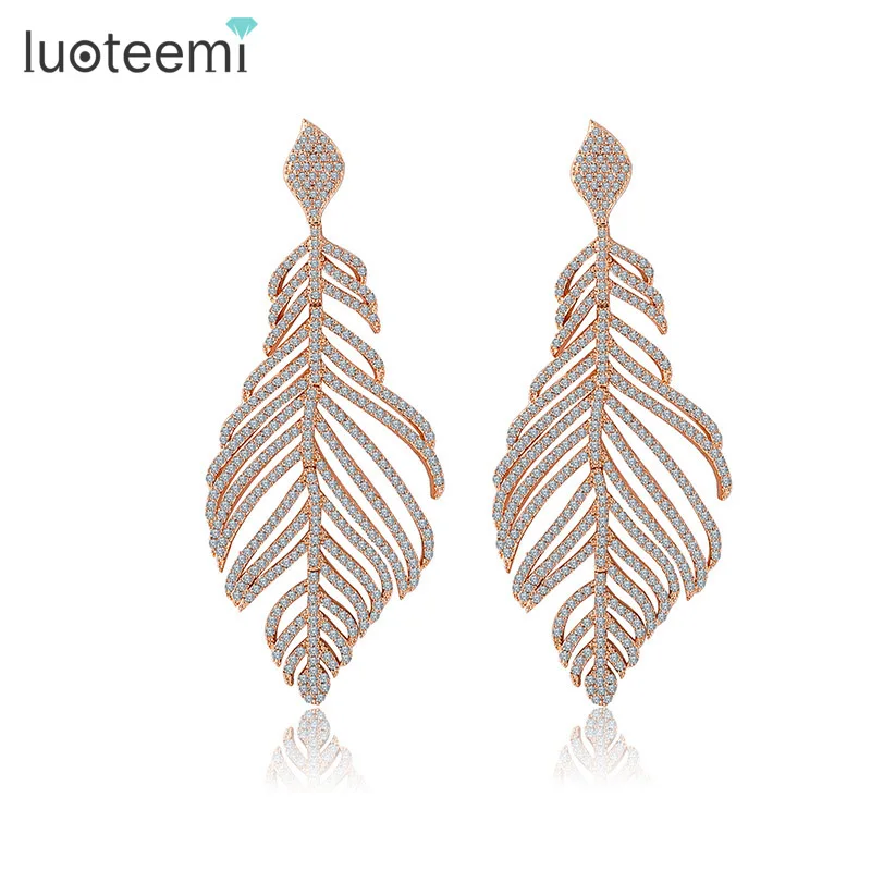 LUOTEEMI Women s Retro Boho Full Shiny CZ Rhinestone Micro Setting Luxury Big Heavy Feather Party