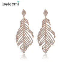 LUOTEEMI Women’s Retro Boho Full Shiny CZ Rhinestone Micro Setting Luxury Big Heavy Feather Party Deluxe Dangle Earrings