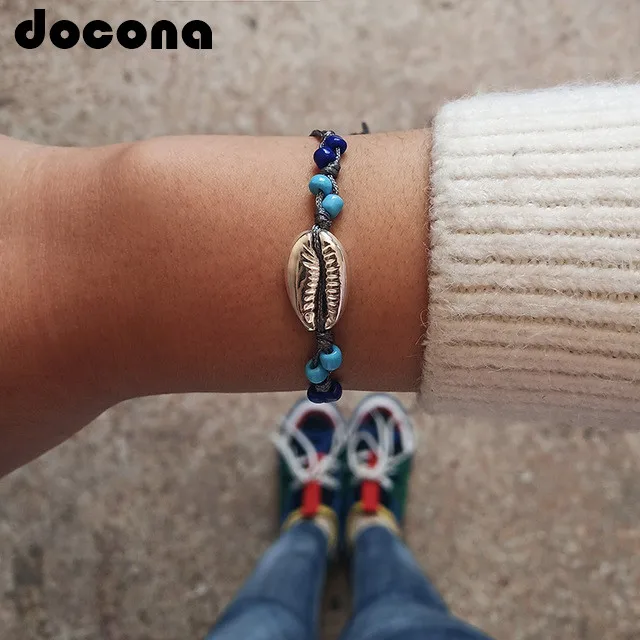 

docona Silver Color Beads Shell Charms Bracelets for Women Girl Metal Adjustable String Bracelet Party Jewelry Pulseiras 6948