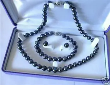 

7-8mm Black Akoya Cultured Pearl Necklace Bracelet Earring Set 18" 7.5"