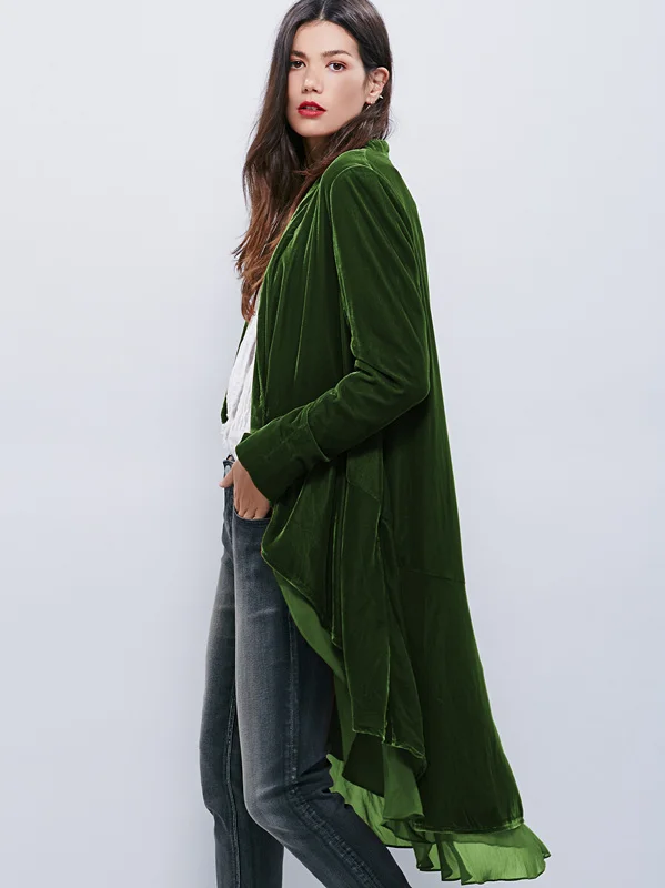 Бархатные женские новые куртки пальто шифон оборками элегантные длинные шикарные верхняя одежда Горячая Женская тонкая Бохо макси пальто - Цвет: Зеленый
