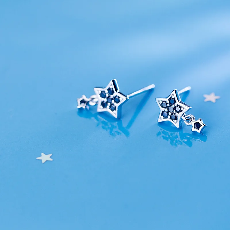 

MloveAcc Trendy 100% 925 Sterling Silver Sparkling Star Stud Earrings Black Zircon for Women Authentic Silver Jewelry Bijoux