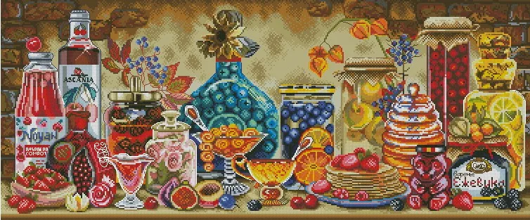 

Mary Weaver Counted Cross Stitch Kit Autumn Taste Sparkling Marmalade Wine Beer Cocktail Fruit Food Feast