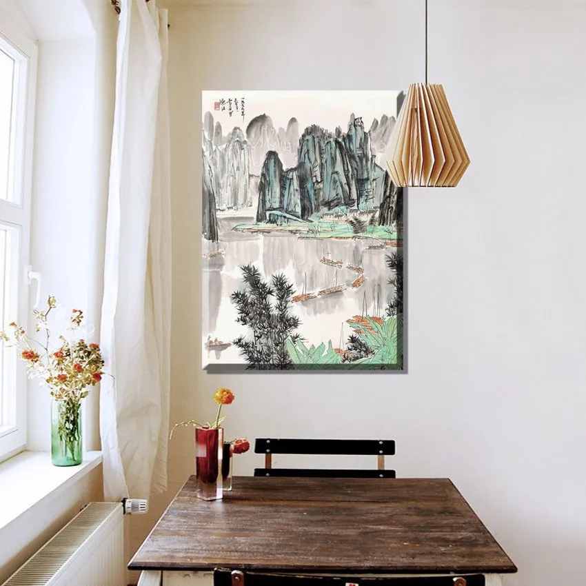 Chinese Landscape paintings and china boat canvas pictures vintage home decor on the wall art decorative for living room-1