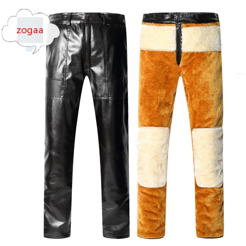 

Zogaa 2019 New Autumn Winter Thick Leather Pants Knee Pads Waist Cold Plus Velvet Thick Leather Pants Men Casual Warm Pants