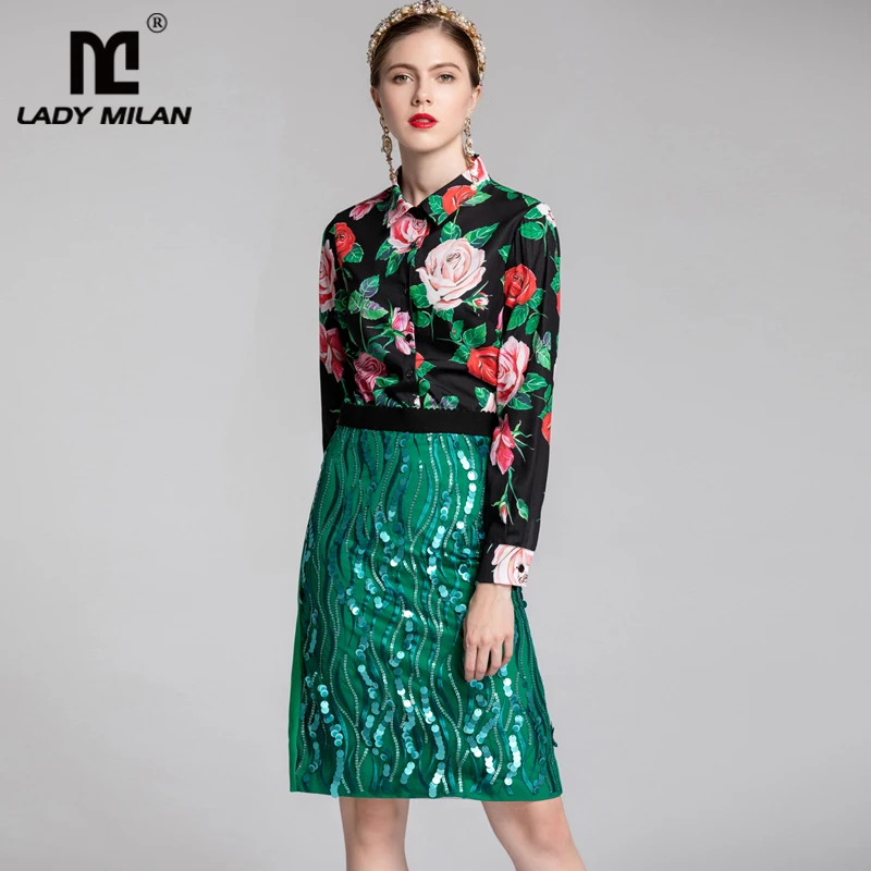2019 vrouwen Runway Twinsets Turn Down Kraag Lange Mouwen Gedrukt Shirt met Lovertjes Rokken Mode Tweedelige Jurken Sets 2019 vrouwen Runway Twinsets Turn Down Kraag Lange Mouwen Gedrukt Shirt met Lovertjes Rokken Mode Tweedelige Jurken Sets