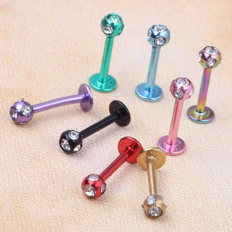 Labret Ring 16G Stainless Steel 5 Gem Crystal Plated Titanium Lip Ring