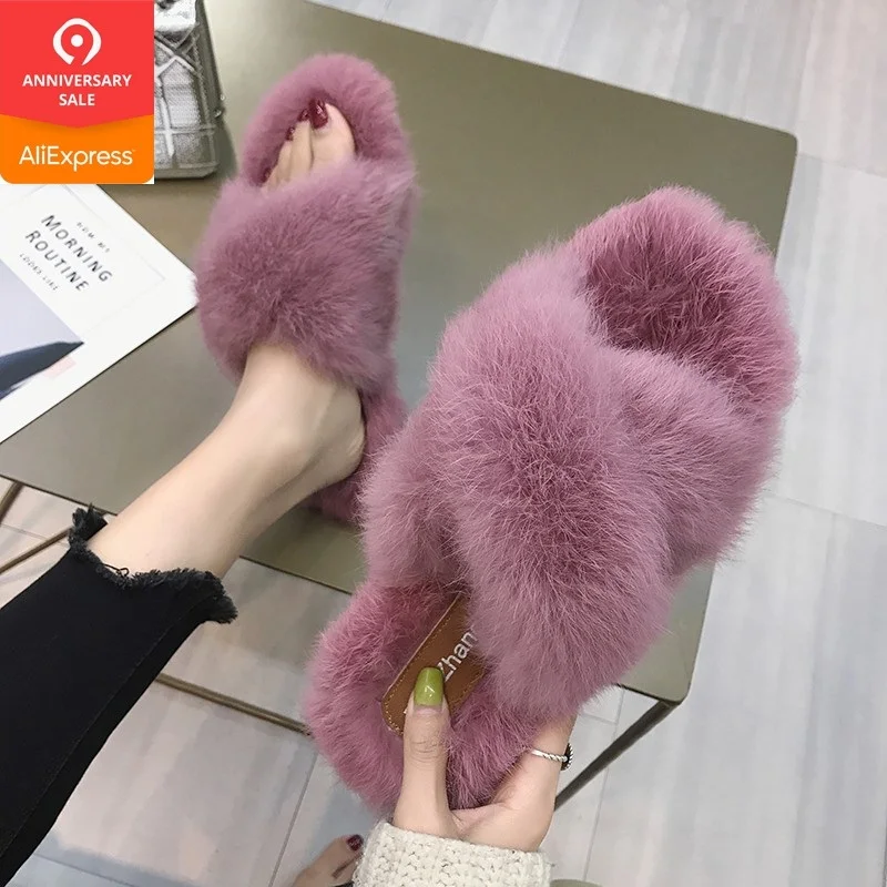 Меховые шлепанцы Женские плюшевые тапочки Шлепанцы на плоской подошве Женская
