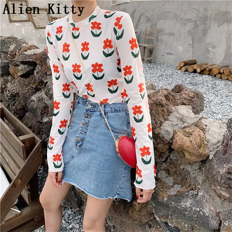 

Alien Kitty Summer 2019 New Fresh Casual Hot Full-Sleeved Thin Retro Sweet Vintage Simple Loose Cotton Basic T-shirt 10 Colors