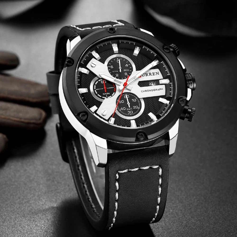 CURREN красные кожаные спортивные мужские часы модные повседневные кварцевые часы мужские водонепроницаемые наручные часы с хронографом мужские наручные часы