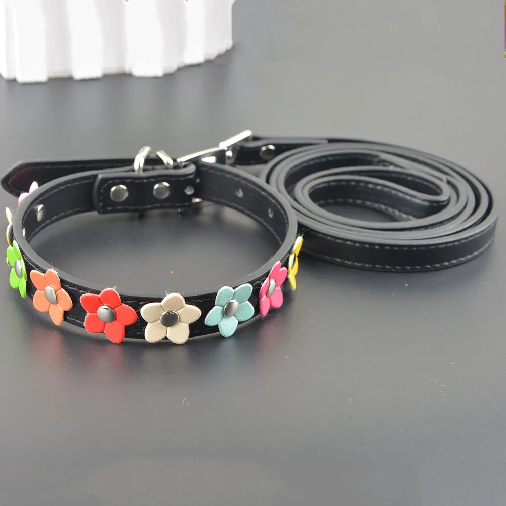 

2 Sizes 6 Colors Small Dog Collar One Row Flower Studded Cat Small Dog Puppy Collar Leash Set