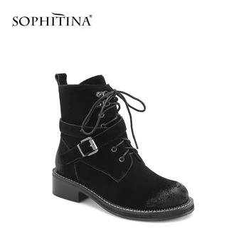

SOPHITINA Motorcycles Boots Black Genuine Leather Round Toe Buckle Solid Woman Shoes Winter Low Square Heel Ankle Snow Boots M14