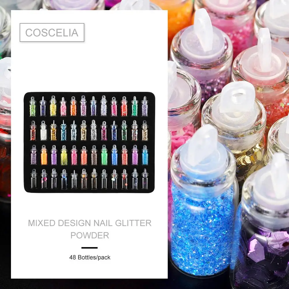 

48 Bottles Round Nail Sequins Mixed Size Heart Shape Nail Sequin Flakes Multi-color Manicure Nail Art Decoration